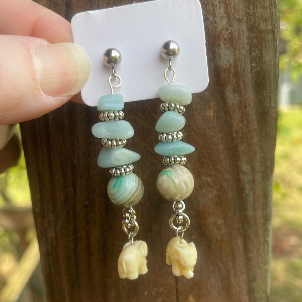 Larimar & Phoenix Stone Beaded Elephant Earrings - Picture 4 of 7